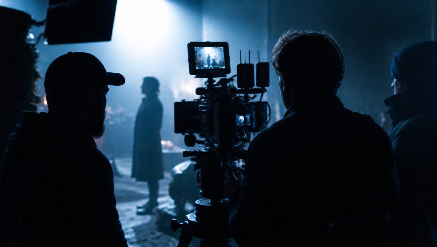 Filmhold med professionelt cinema-kamera på en optagelse i blåt lys
